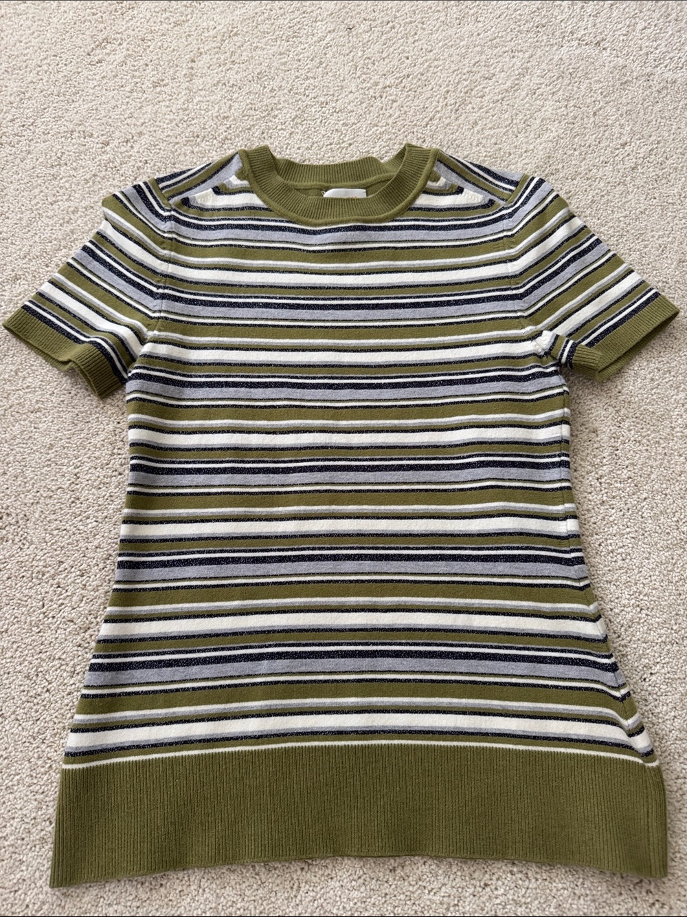 Olive and White Striped Short Sleeve Knit Tee